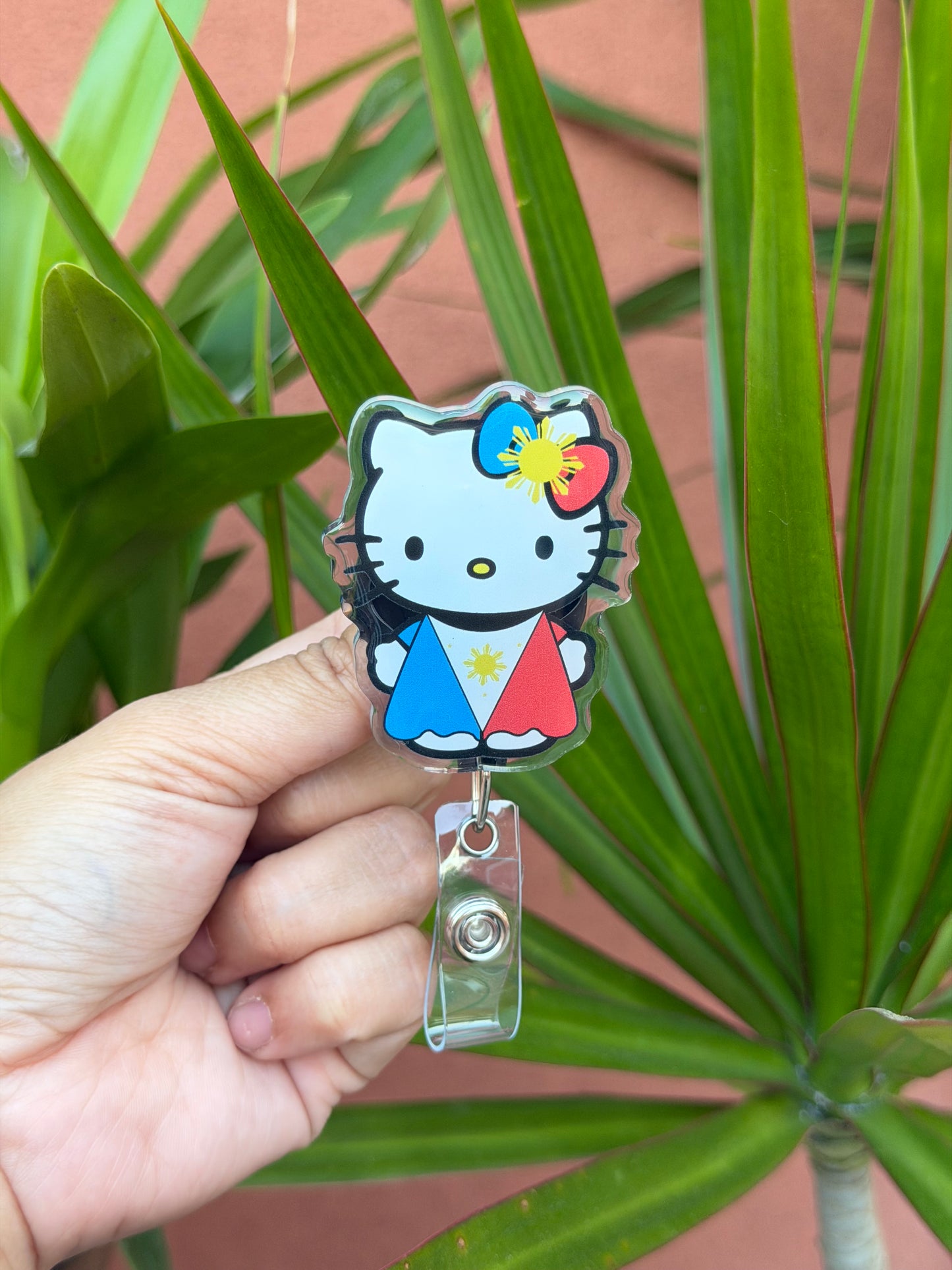 Kitty Philippine Flag Dress ID Badge Reels, Cute ID Holder , Retractable Alligator Clip
