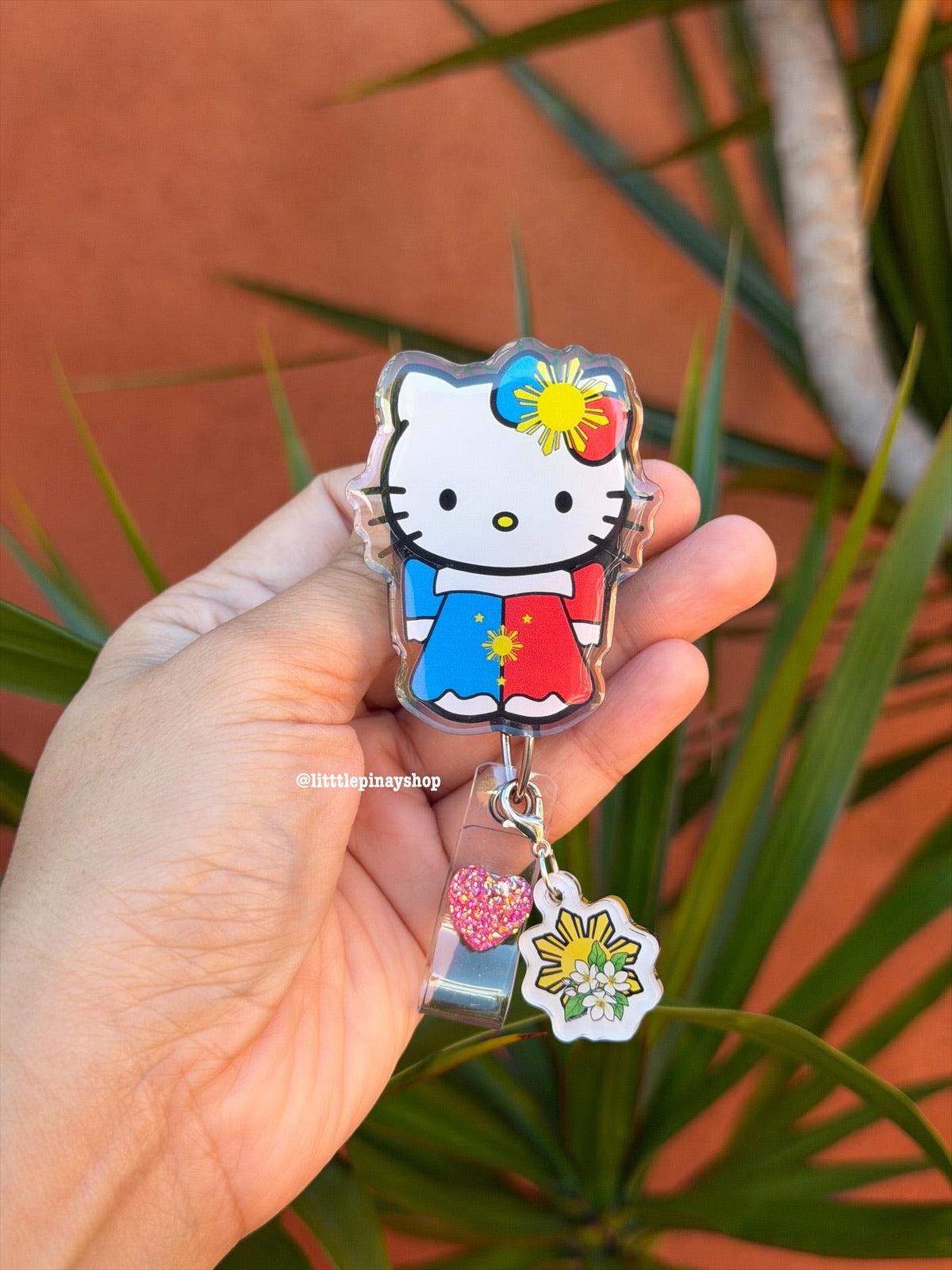 Kitty Filipiñana Dress ID Badge Reel , Cute ID Holder , Retractable Alligator Clip with Heart & Sun Sampaguita Dangling Charm