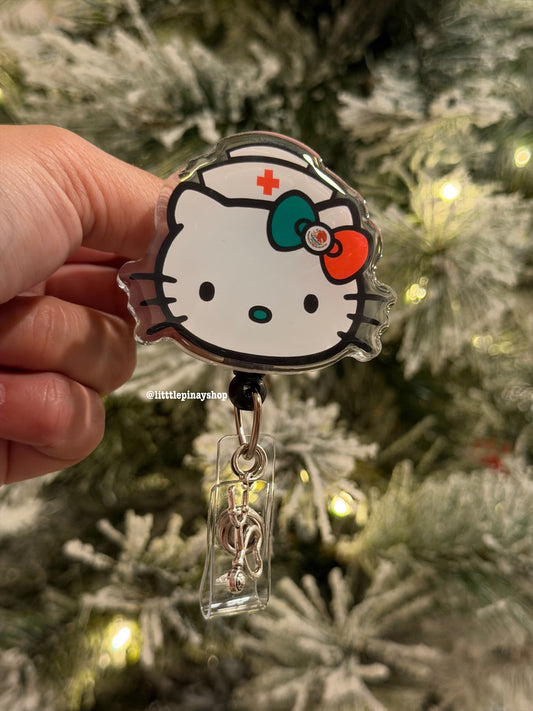 Cute Latina Nurse Kitty ID Badge Reel ( Alligator Clip )