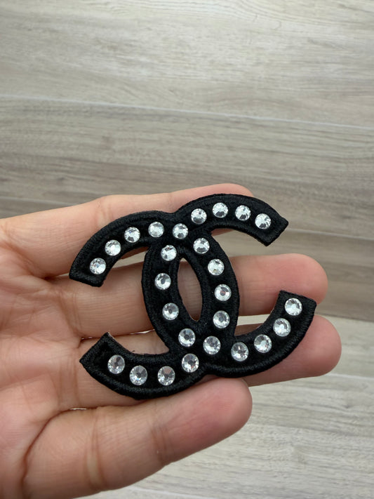 Black Rhinestone Double C-Style Iron-On Patch | Embroidered Patch | 2.1” x 1.7”
