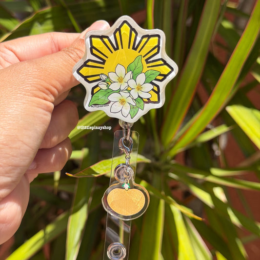 Sun Sampaguita Retractable ID Badge Reel w Pamaypay Charm ( Alligator Clip )