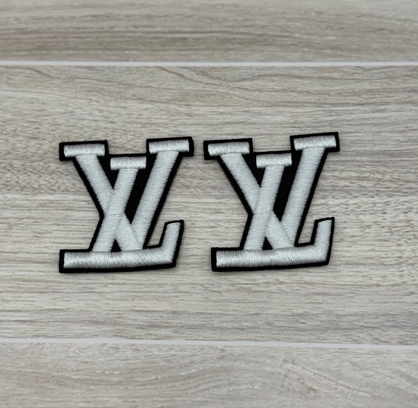 White Small LV Patch Set – Embroidered Iron-On Monogram (2pcs)