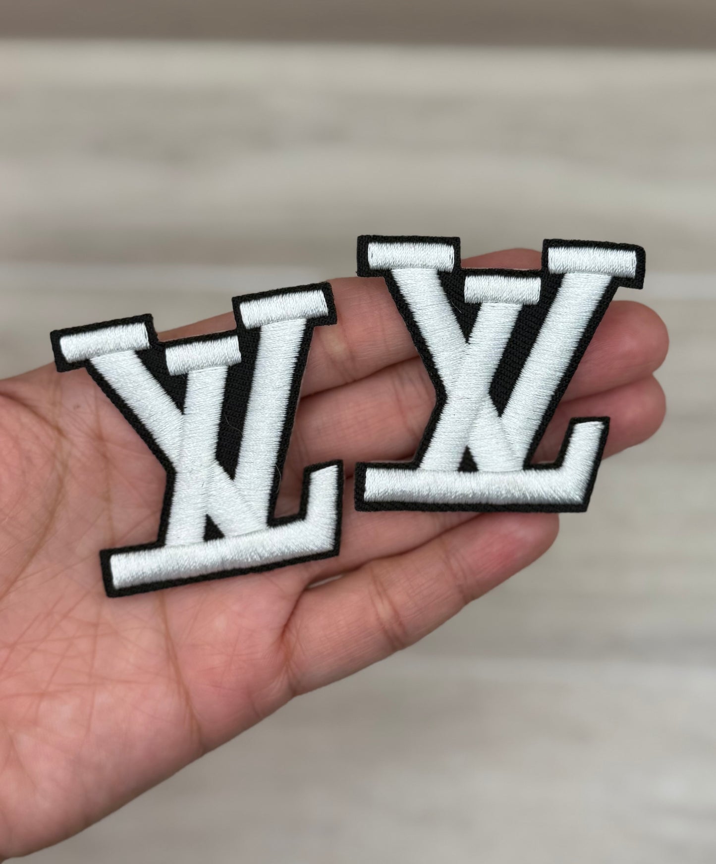White Small LV Patch Set – Embroidered Iron-On Monogram (2pcs)