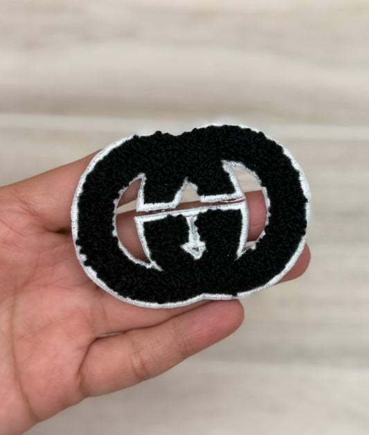 GG Black Chenille Iron-On Patch | Fuzzy Embroidered Logo-Style Appliqué