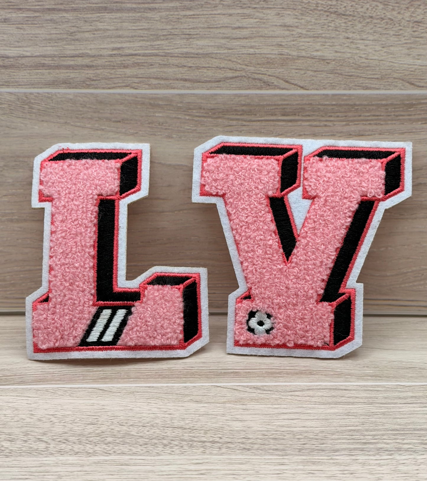 Pink Chenille “LV” Varsity Letter Iron-On Patch Set