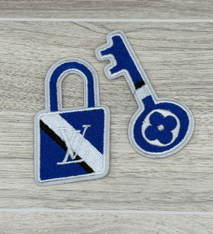 Blue Lock & Key Iron-On Patch Set