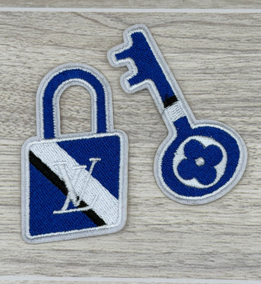 Blue Lock & Key Iron-On Patch Set