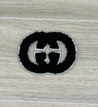 GG Black Chenille Iron-On Patch | Fuzzy Embroidered Logo-Style Appliqué