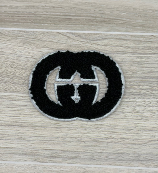 GG Black Chenille Iron-On Patch | Fuzzy Embroidered Logo-Style Appliqué