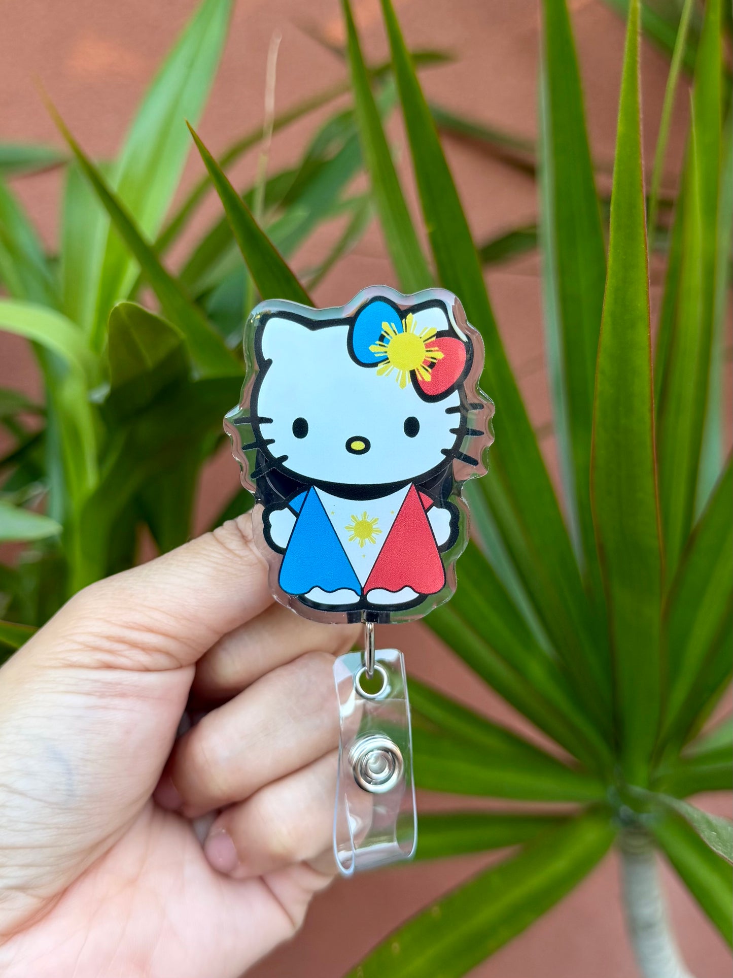 Kitty Philippine Flag Dress ID Badge Reels, Cute ID Holder , Retractable Alligator Clip
