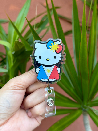 Kitty Philippine Flag Dress ID Badge Reels, Cute ID Holder , Retractable Alligator Clip