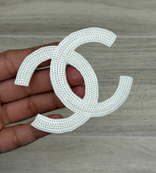 White Thin Sequin Double C Iron-On Patch