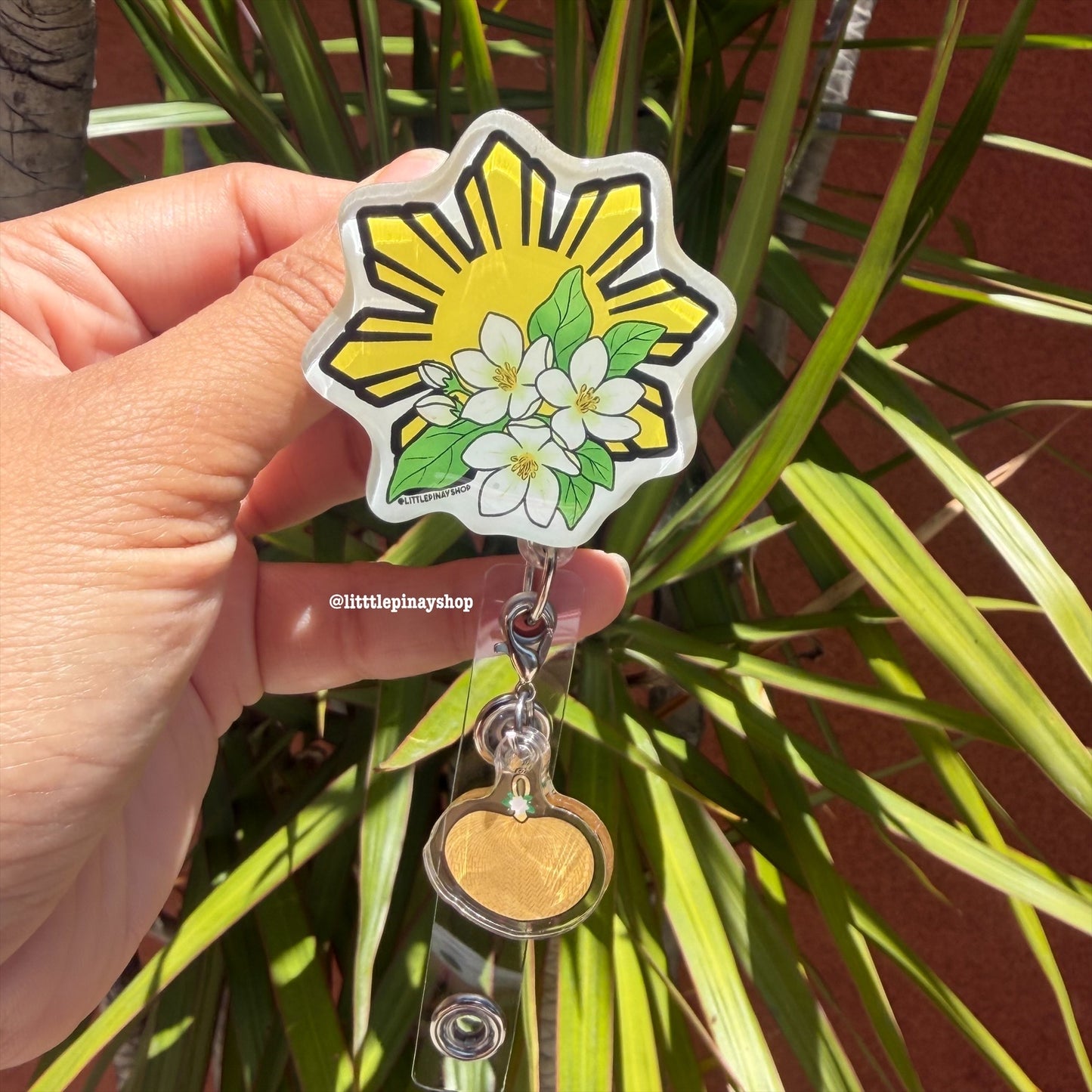 Sun Sampaguita Retractable ID Badge Reel w Pamaypay Charm ( Alligator Clip )