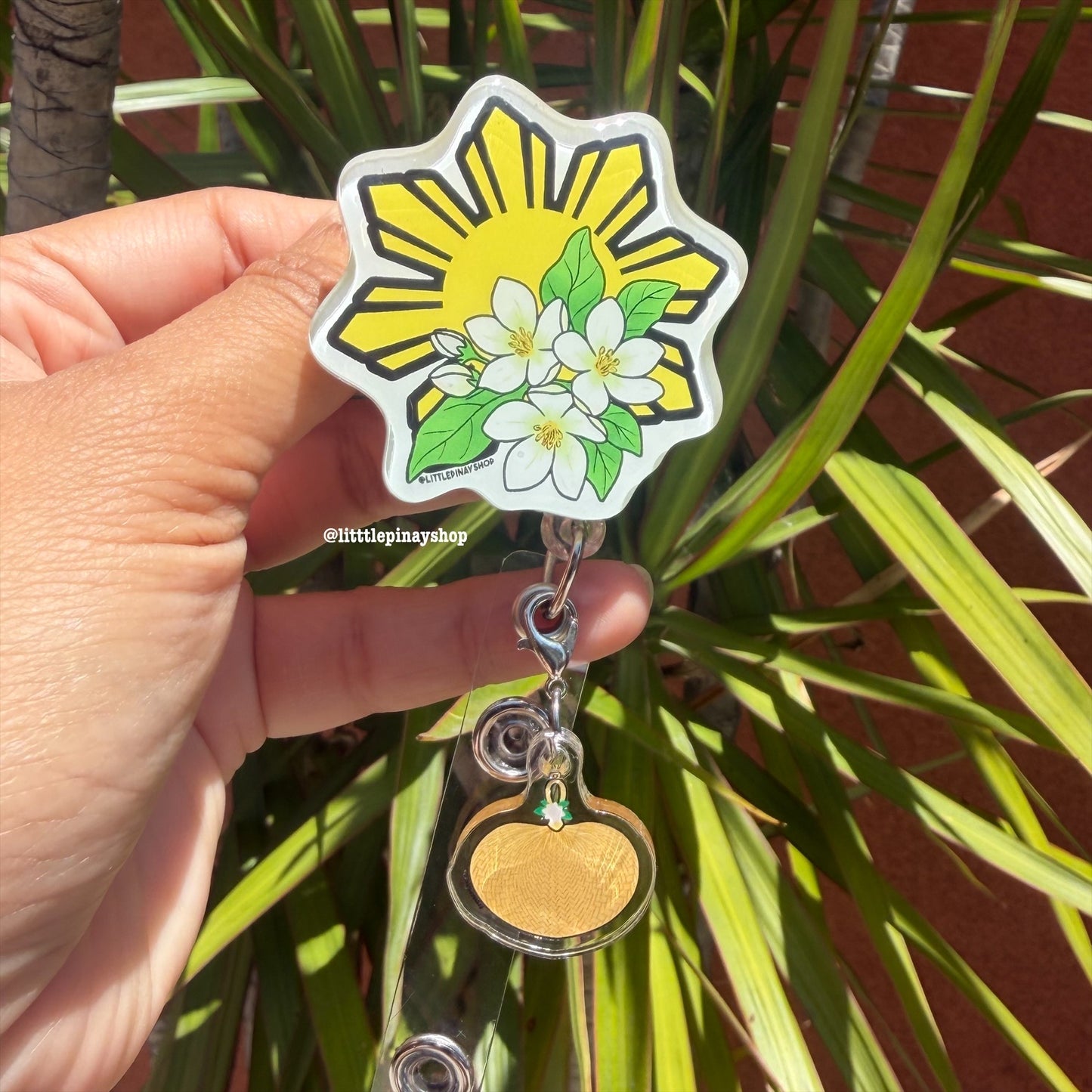 Sun Sampaguita Retractable ID Badge Reel w Pamaypay Charm ( Alligator Clip )
