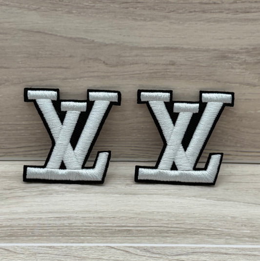 White Small LV Patch Set – Embroidered Iron-On Monogram (2pcs)