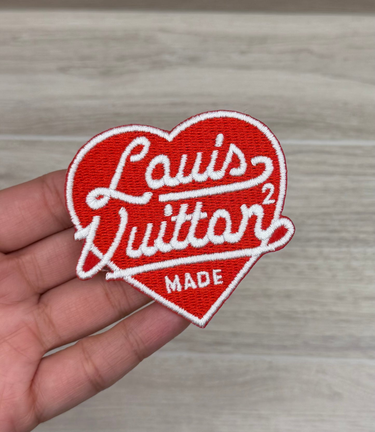 Red Heart “LV” Iron-On Patch – 2.5” x 2.2”