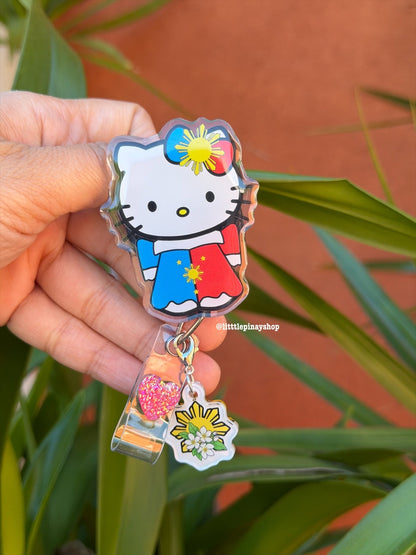 Kitty Filipiñana Dress ID Badge Reel , Cute ID Holder , Retractable Alligator Clip with Heart & Sun Sampaguita Dangling Charm