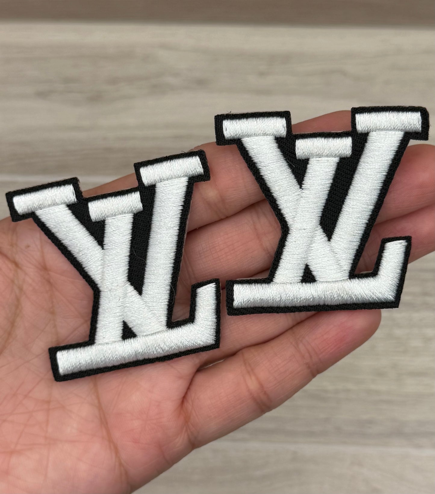White Small LV Patch Set – Embroidered Iron-On Monogram (2pcs)