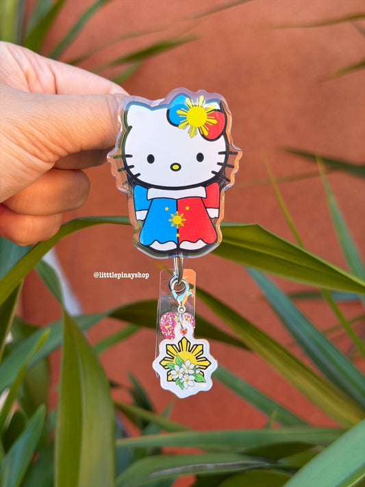 Kitty Filipiñana Dress ID Badge Reel , Cute ID Holder , Retractable Alligator Clip with Heart & Sun Sampaguita Dangling Charm