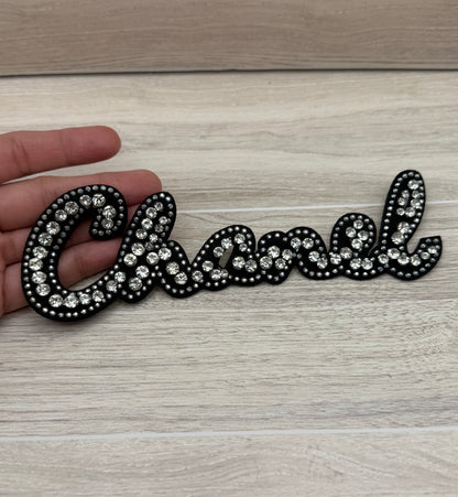 Black Rhinestone Chanel Script Sew-On Patch | Embellished Letter Appliqué
