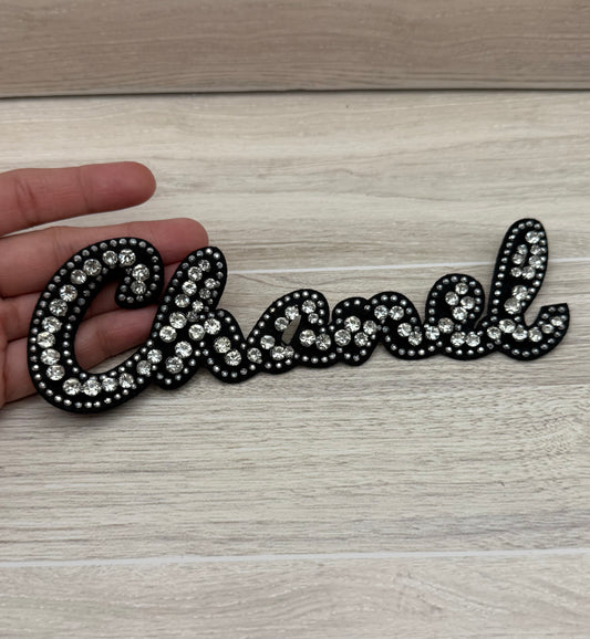 Black Rhinestone Chanel Script Sew-On Patch | Embellished Letter Appliqué
