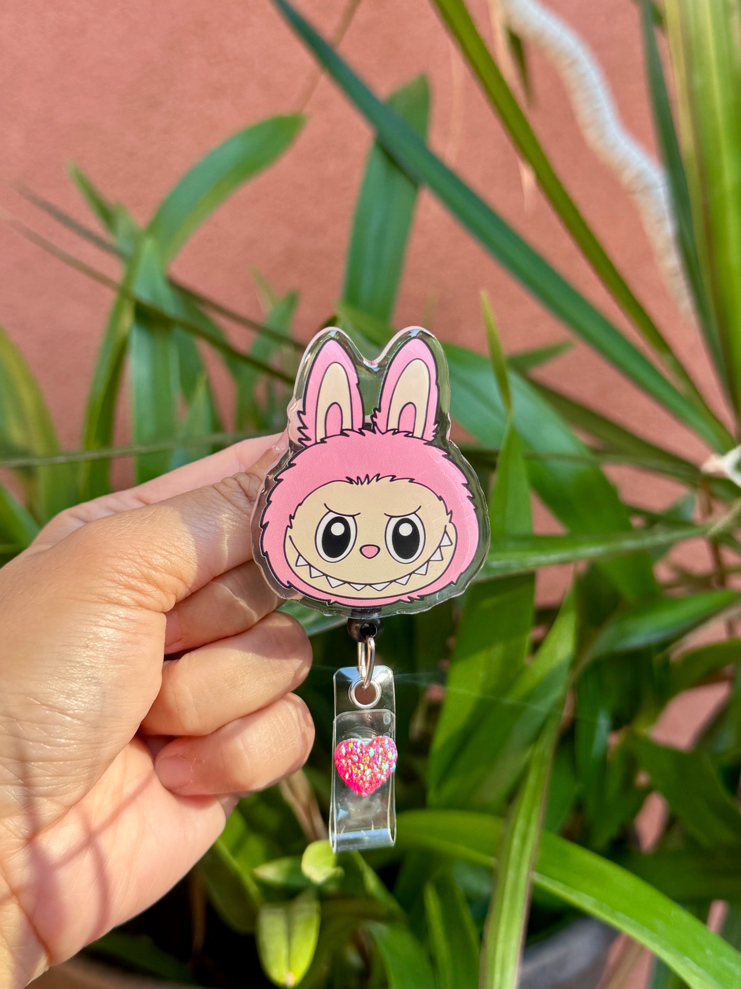 Pink Labubu ID Badge Reel ( Alligator Clip )