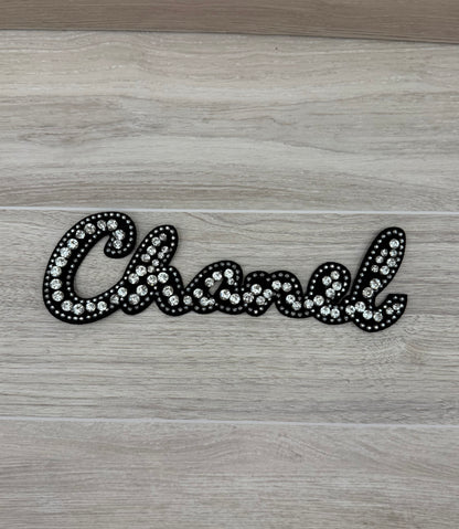 Black Rhinestone Chanel Script Sew-On Patch | Embellished Letter Appliqué