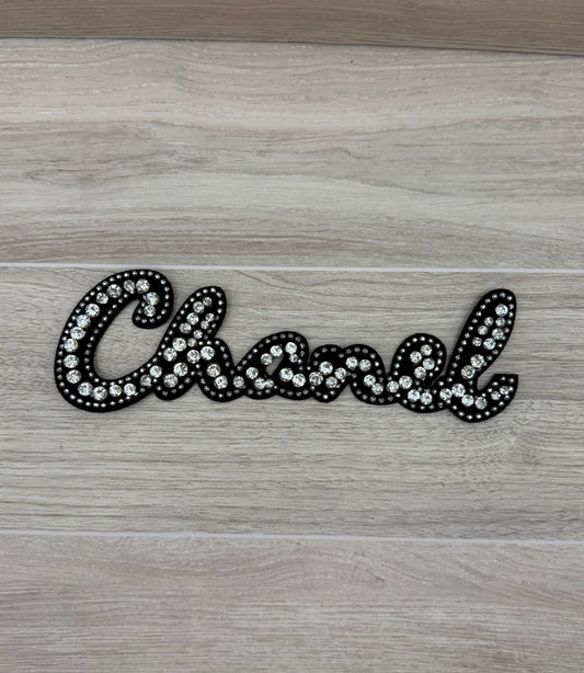 Black Rhinestone Chanel Script Sew-On Patch | Embellished Letter Appliqué