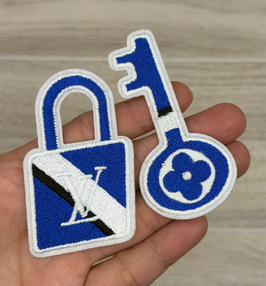 Blue Lock & Key Iron-On Patch Set