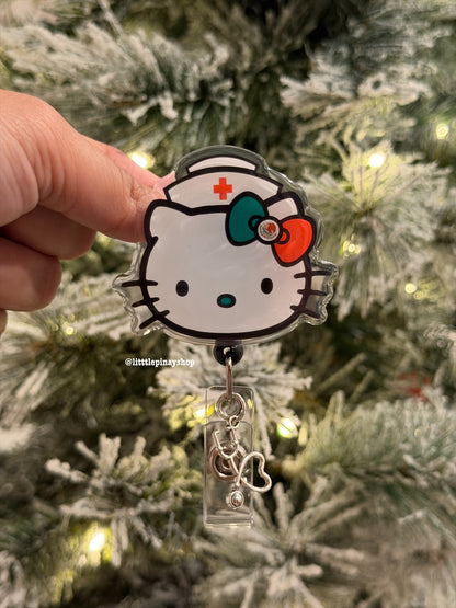 Cute Latina Nurse Kitty ID Badge Reel ( Alligator Clip )