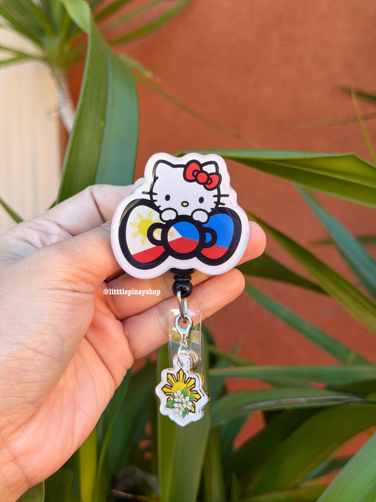 Kitty Ph Flag Bow ID Badge Reel w/ Sun Sampaguita Dangling Charm ( Alligator Clip )