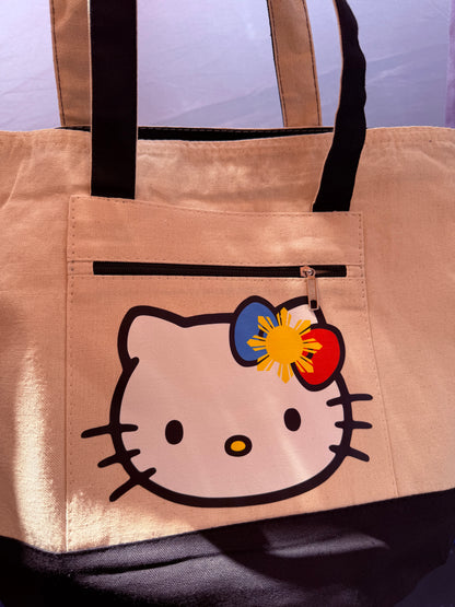 Filipina Kitty Face Zipped Canvas Tote Bag