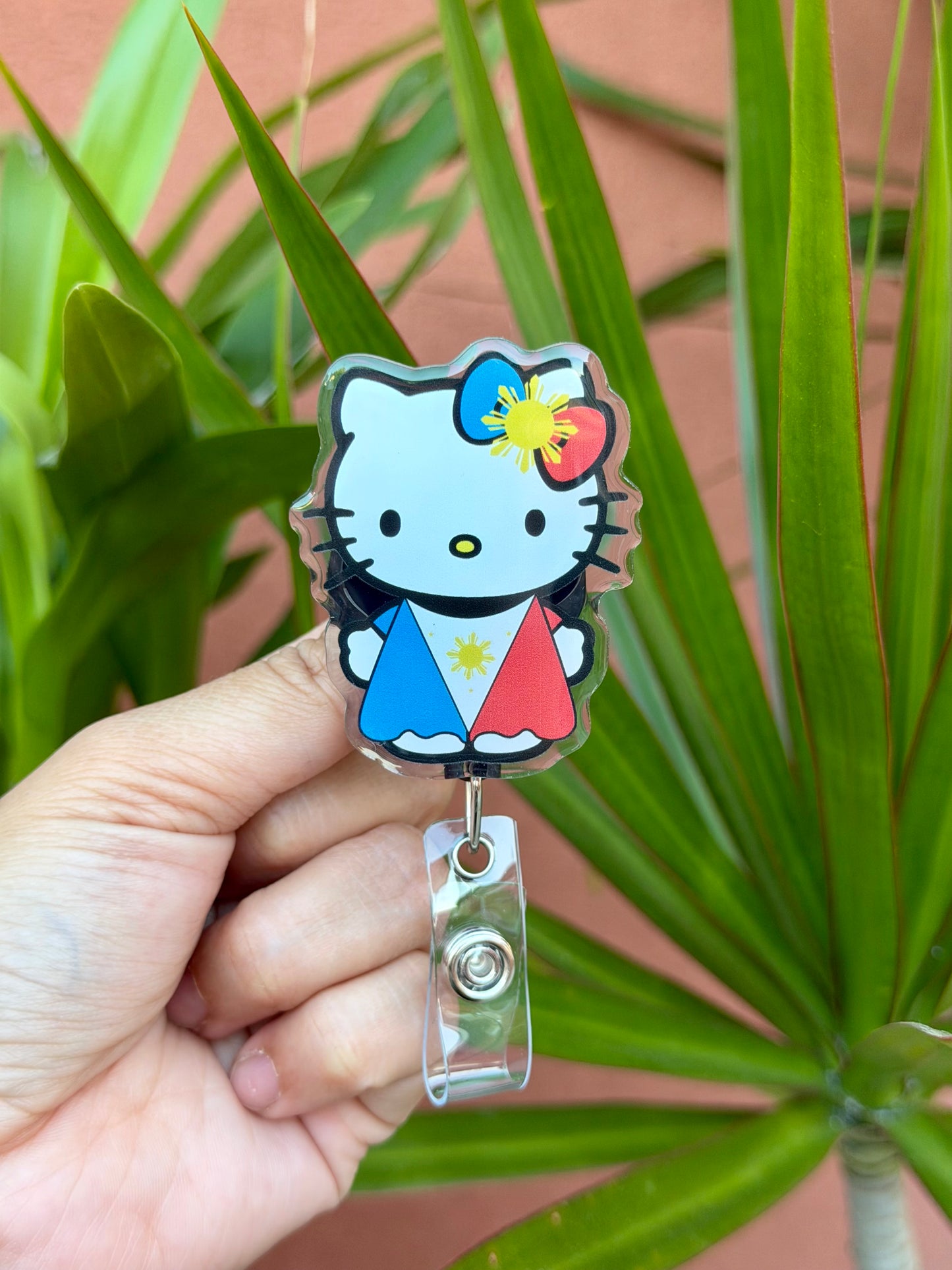 Kitty Philippine Flag Dress ID Badge Reels, Cute ID Holder , Retractable Alligator Clip