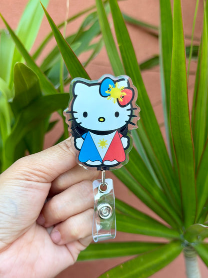 Kitty Philippine Flag Dress ID Badge Reels, Cute ID Holder , Retractable Alligator Clip