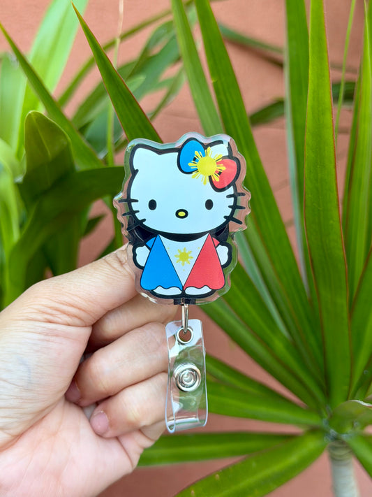 Kitty Philippine Flag Dress ID Badge Reels, Cute ID Holder , Retractable Alligator Clip