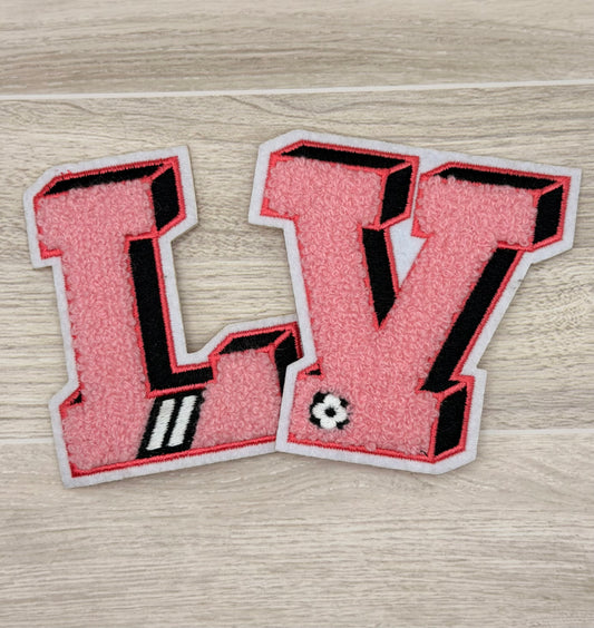 Pink Chenille “LV” Varsity Letter Iron-On Patch Set