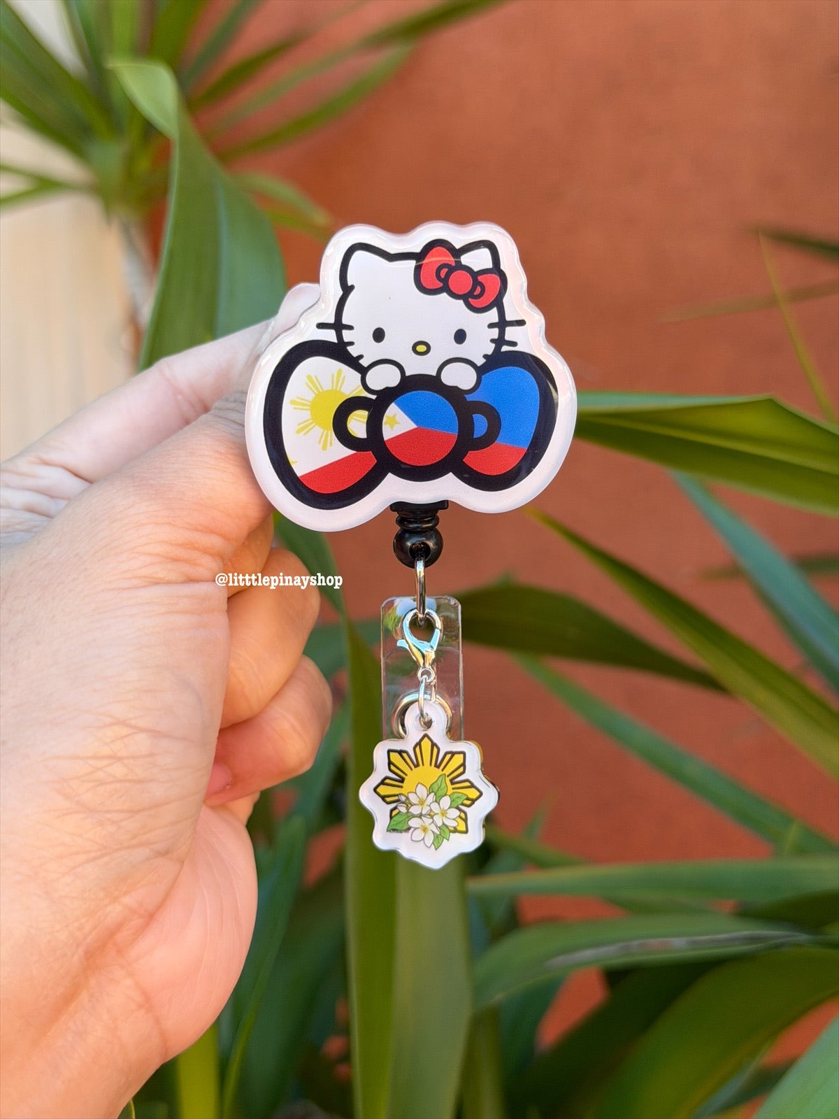Kitty Ph Flag Bow ID Badge Reel w/ Sun Sampaguita Dangling Charm ( Alligator Clip )