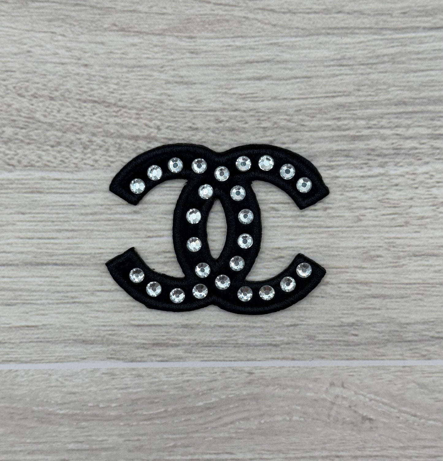 Black Rhinestone Double C-Style Iron-On Patch | Embroidered Patch | 2.1” x 1.7”