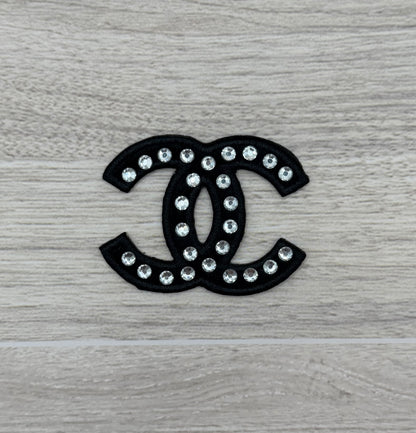 Black Rhinestone Double C-Style Iron-On Patch | Embroidered Patch | 2.1” x 1.7”