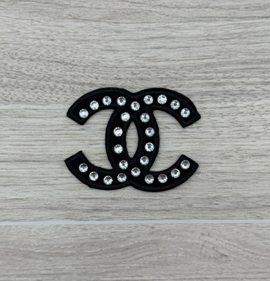 Black Rhinestone Double C-Style Iron-On Patch | Embroidered Patch | 2.1” x 1.7”