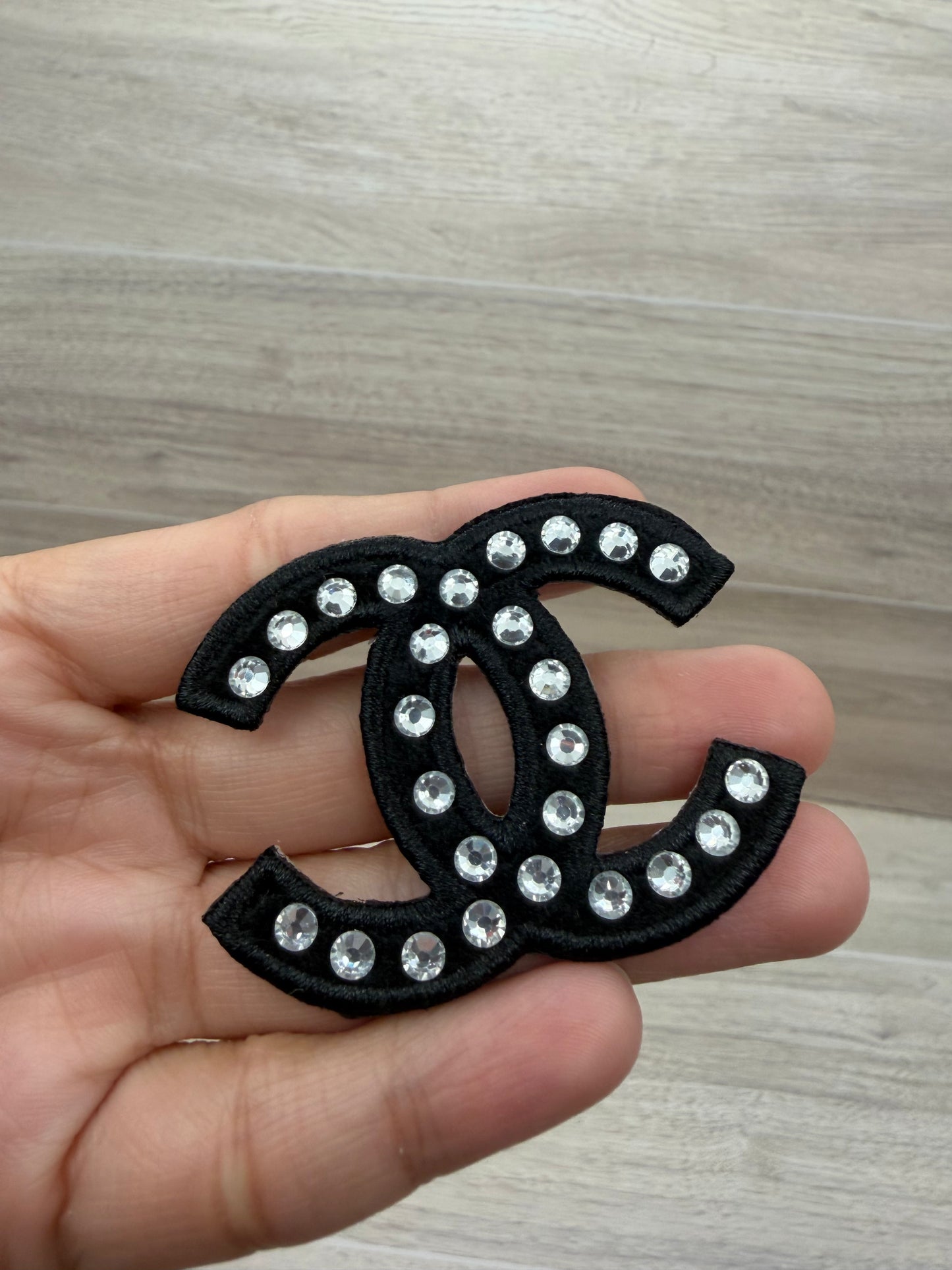 Black Rhinestone Double C-Style Iron-On Patch | Embroidered Patch | 2.1” x 1.7”