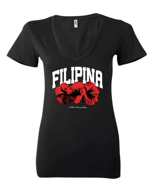 FILIPINA Gumamela Black V-Neck Tee | Filipina Pride Shirt