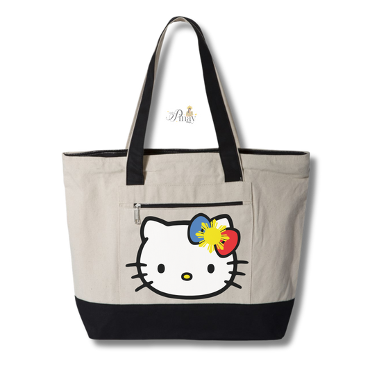 Pinay Kawaiii Kitty Face Zipped Canvas Tote Bag