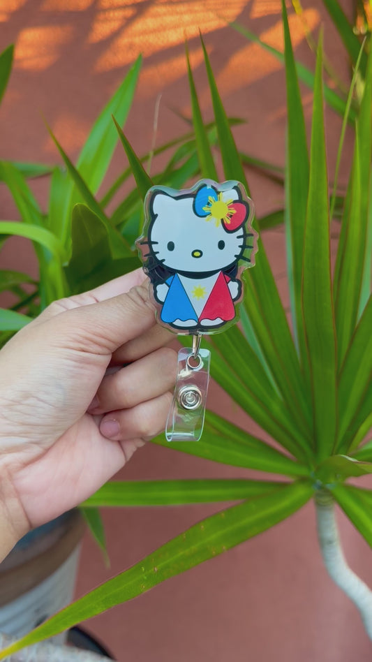 Kitty Philippine Flag Dress ID Badge Reels, Cute ID Holder , Retractable Alligator Clip