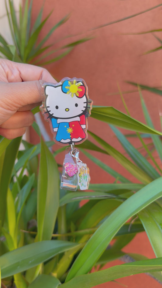 Kitty Filipiñana Dress ID Badge Reel , Cute ID Holder , Retractable Alligator Clip with Heart & Sun Sampaguita Dangling Charm