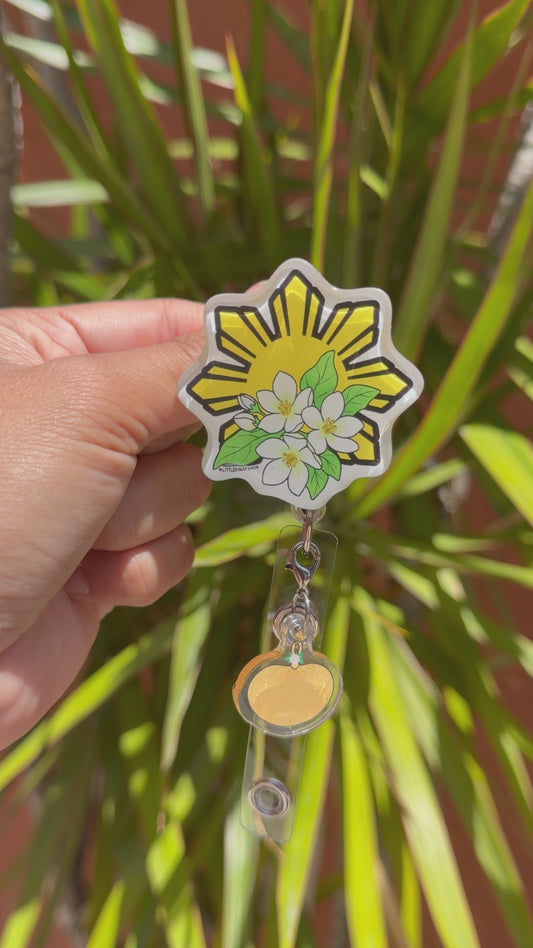 Sun Sampaguita Retractable ID Badge Reel w Pamaypay Charm ( Alligator Clip )